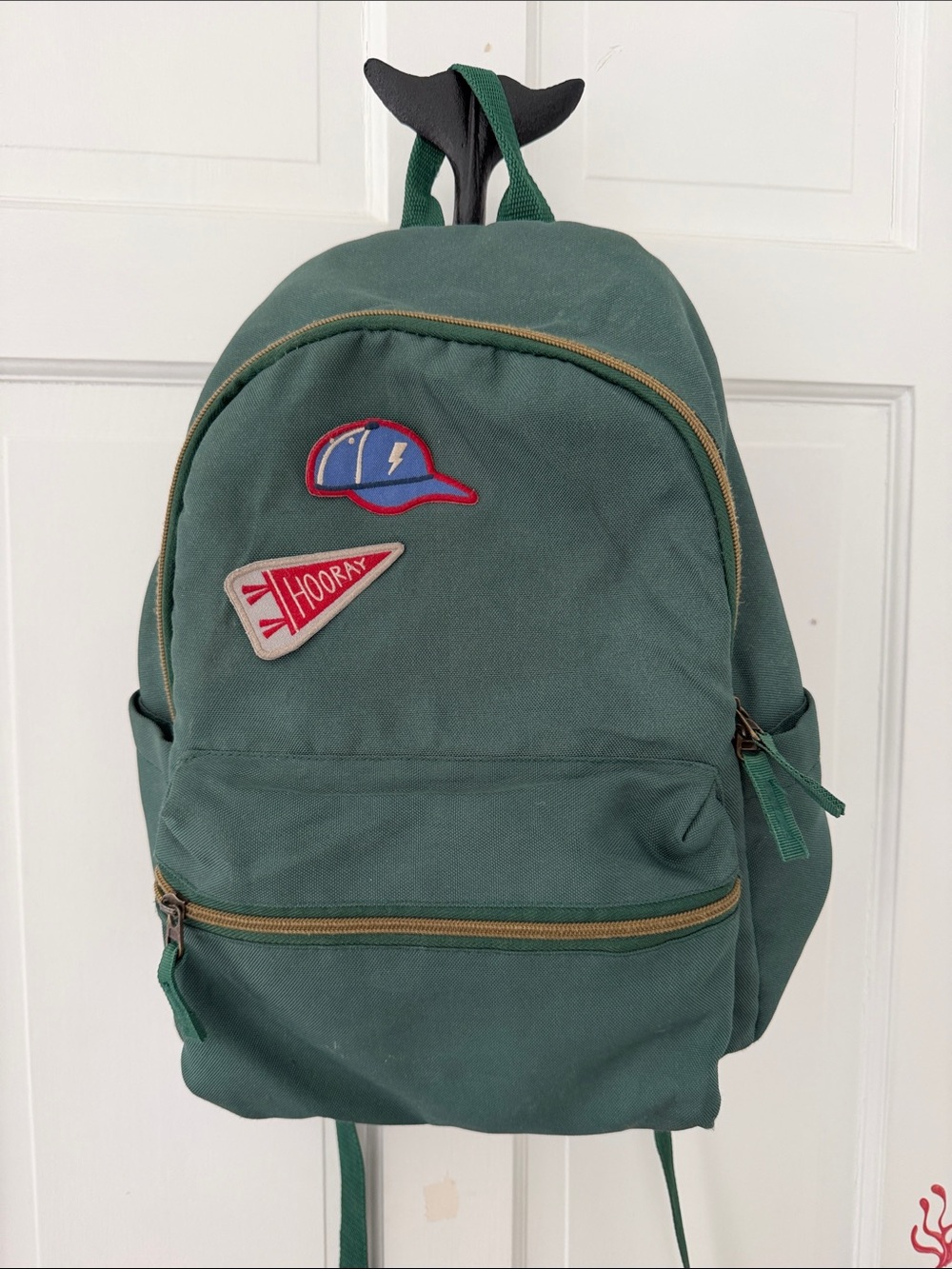 Pottery barn kids Forest Green Canvas Backpack with varsity Patches